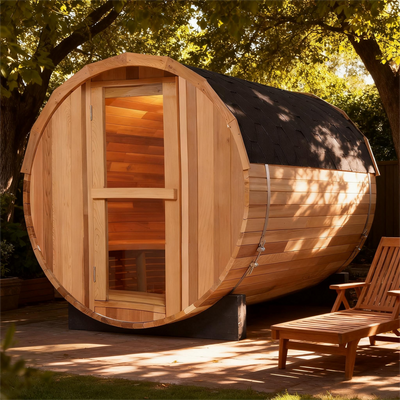 4-Person Outdoor Barrel Sauna Kit – Patchwork Red Cedar