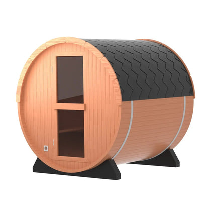 4 Person Outdoor Barrel Sauna, Patchwork Red Cedar Traditional Steam Barrel Sauna Kit with Outdoor Waterproof Tile and More HELIUS
