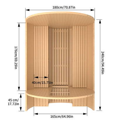 6 Person Outdoor Barrel Sauna with Front Porch, Canadian Hemlock Traditional Steam Barrel Sauna Kit with Outdoor Waterproof Tile, Lava Rocks and More HELIUS