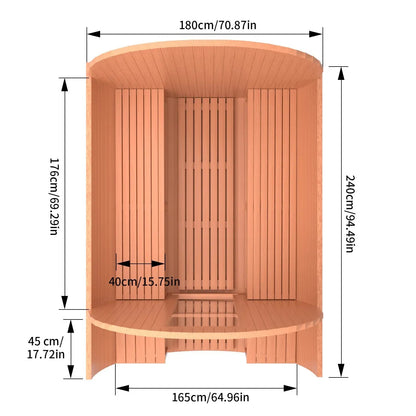 6 Person Outdoor Barrel Sauna with Front Porch, Patchwork Red Cedar Traditional Steam Barrel Sauna Kit with Outdoor Waterproof Tile and More HELIUS