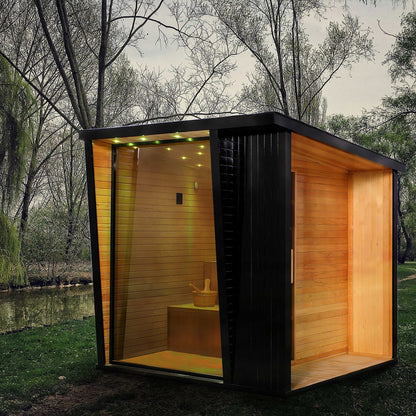 Outdoor Black Square Traditional Steam Sauna Cabin | Classic Canadian Hemlock Wood Detox Experience HELIUS