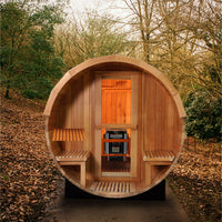 6 Person Outdoor Barrel Sauna with Front Porch, Canadian Hemlock Traditional Steam Barrel Sauna Kit with Outdoor Waterproof Tile, Lava Rocks and More HELIUS