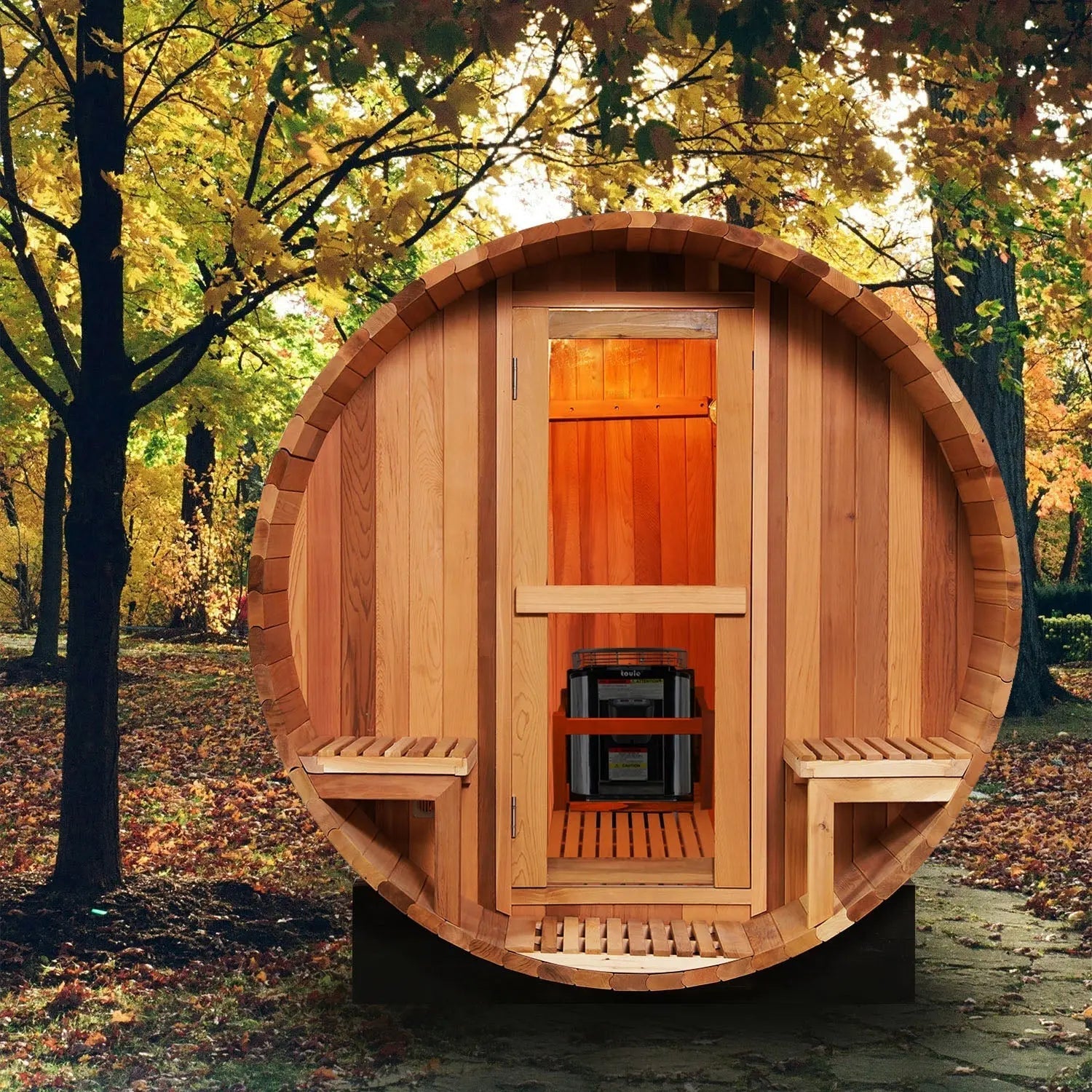 6 Person Outdoor Barrel Sauna with Front Porch, Patchwork Red Cedar Traditional Steam Barrel Sauna Kit with Outdoor Waterproof Tile and More HELIUS