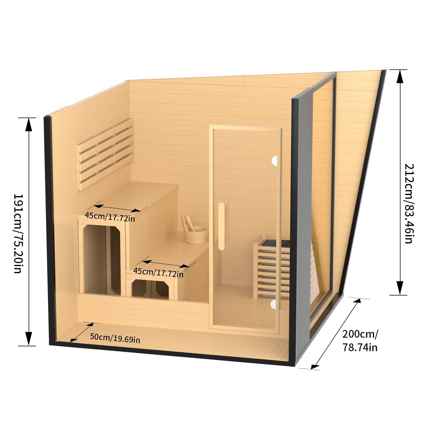 Outdoor Black Square Traditional Steam Sauna Cabin | Classic Canadian Hemlock Wood Detox Experience HELIUS