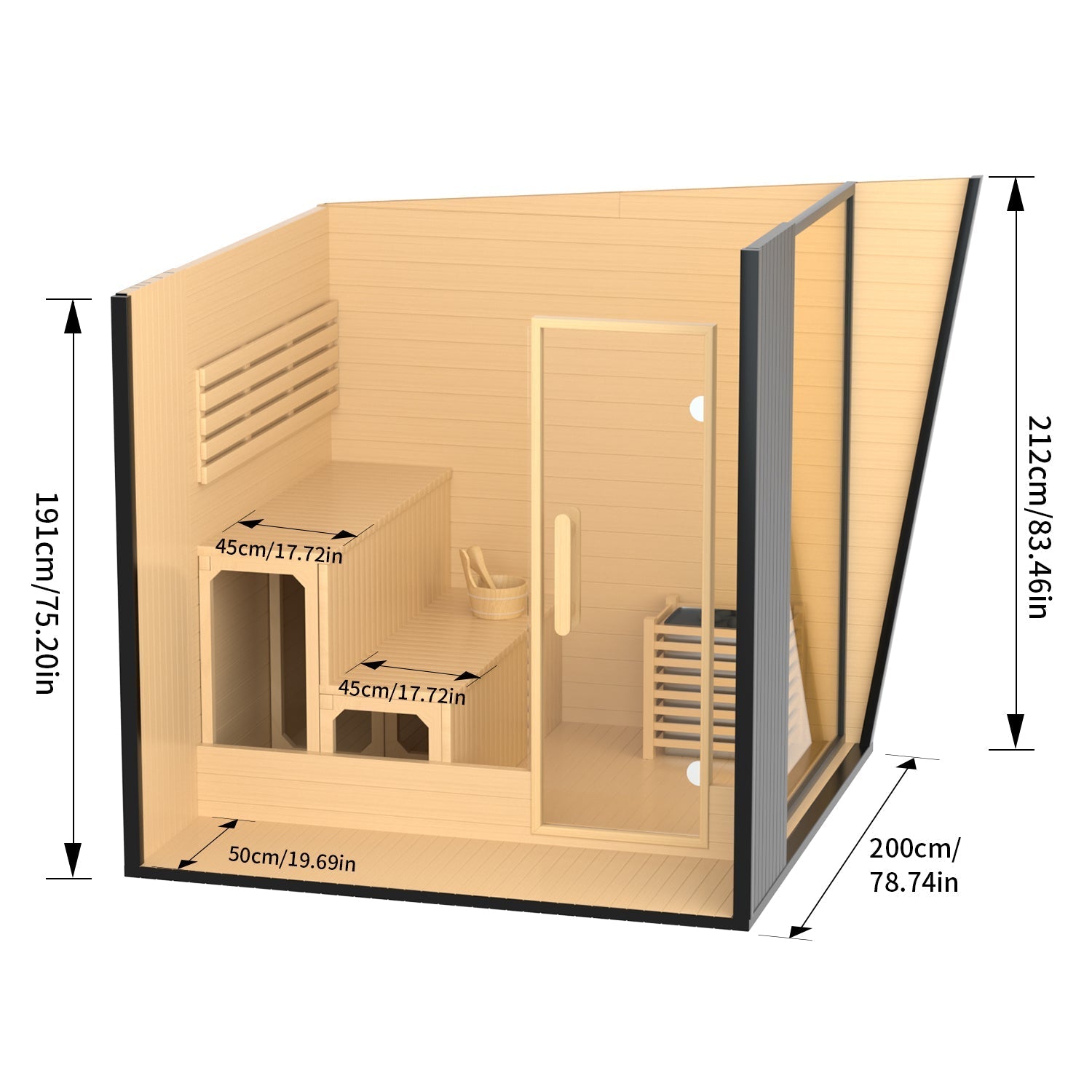 Outdoor Black Square Traditional Steam Sauna Cabin | Classic Canadian Hemlock Wood Detox Experience HELIUS