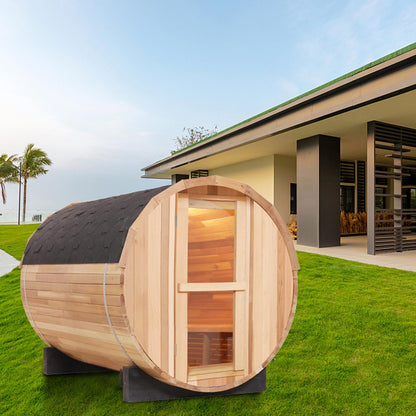 4 Person Outdoor Barrel Sauna, Patchwork Red Cedar Traditional Steam Barrel Sauna Kit with Outdoor Waterproof Tile and More HELIUS