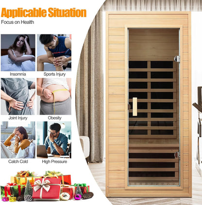 1 Person Far Infrared Sauna – Canadian Hemlock Wood, 1290W Low EMF Home Sauna with Bluetooth Speakers & Reading Lamp