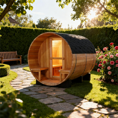 6-Person Indoor/Outdoor Barrel Sauna with Front Porch, Canadian Hemlock Traditional Sauna Kit, 6000W ETL-Certified Heater, Volcanic Rocks & Accessories