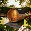 6-Person Indoor/Outdoor Barrel Sauna with Front Porch, Canadian Hemlock Traditional Sauna Kit, 6000W ETL-Certified Heater, Volcanic Rocks & Accessories