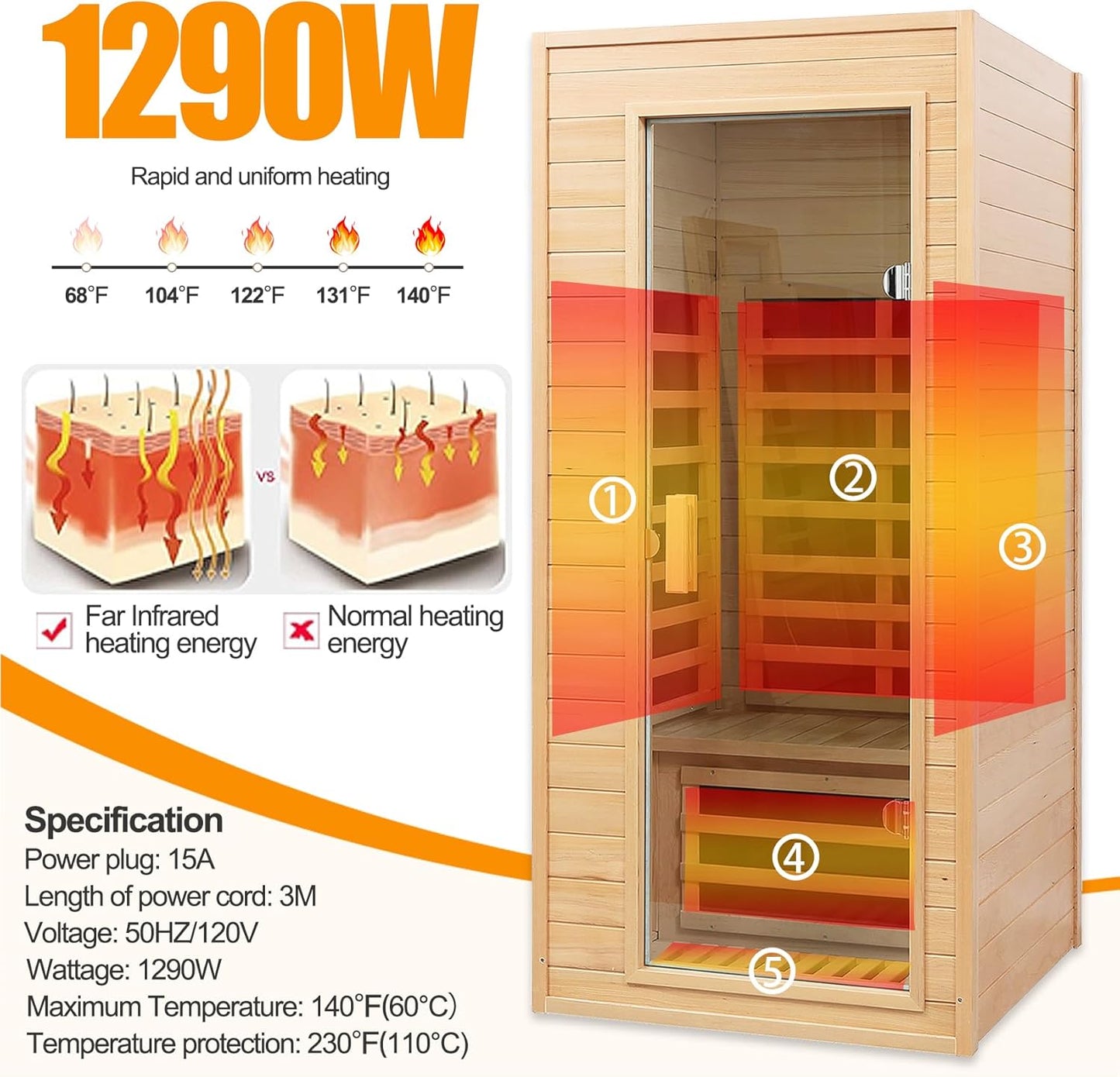 1 Person Far Infrared Sauna – Canadian Hemlock Wood, 1290W Low EMF Home Sauna with Bluetooth Speakers & Reading Lamp