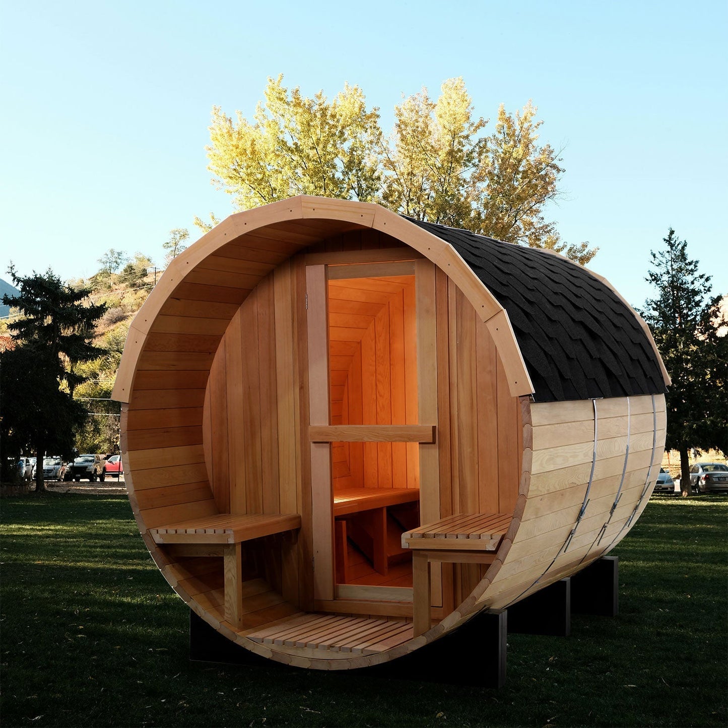6 Person Outdoor Barrel Sauna with Front Porch, Canadian Hemlock Traditional Steam Barrel Sauna Kit with Outdoor Waterproof Tile, Lava Rocks and More HELIUS