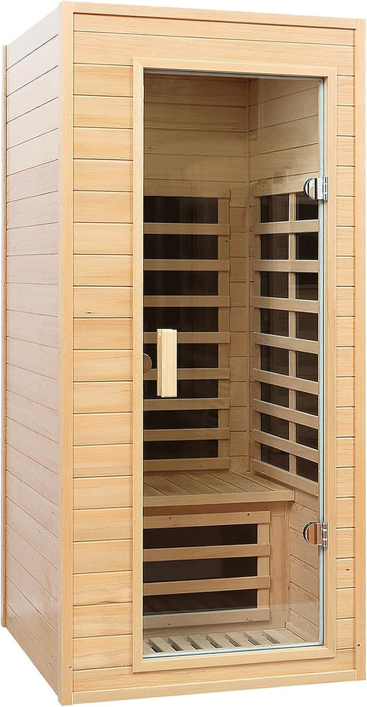 1 Person Far Infrared Sauna – Canadian Hemlock Wood, 1290W Low EMF Home Sauna with Bluetooth Speakers & Reading Lamp