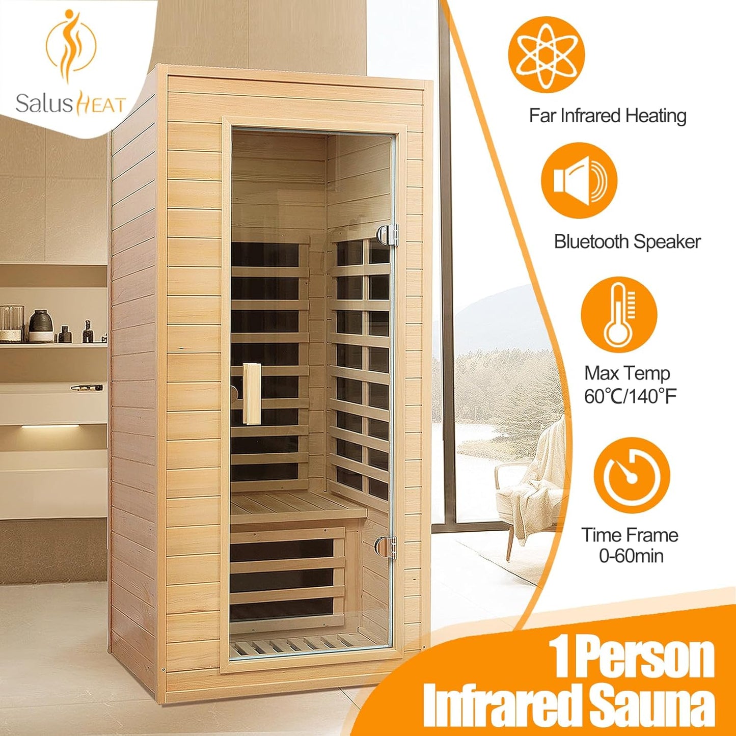 1 Person Far Infrared Sauna – Canadian Hemlock Wood, 1290W Low EMF Home Sauna with Bluetooth Speakers & Reading Lamp