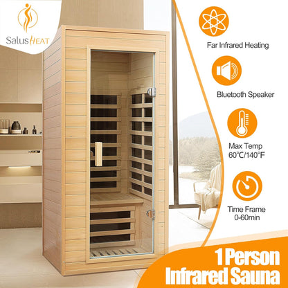 1 Person Far Infrared Sauna – Canadian Hemlock Wood, 1290W Low EMF Home Sauna with Bluetooth Speakers & Reading Lamp