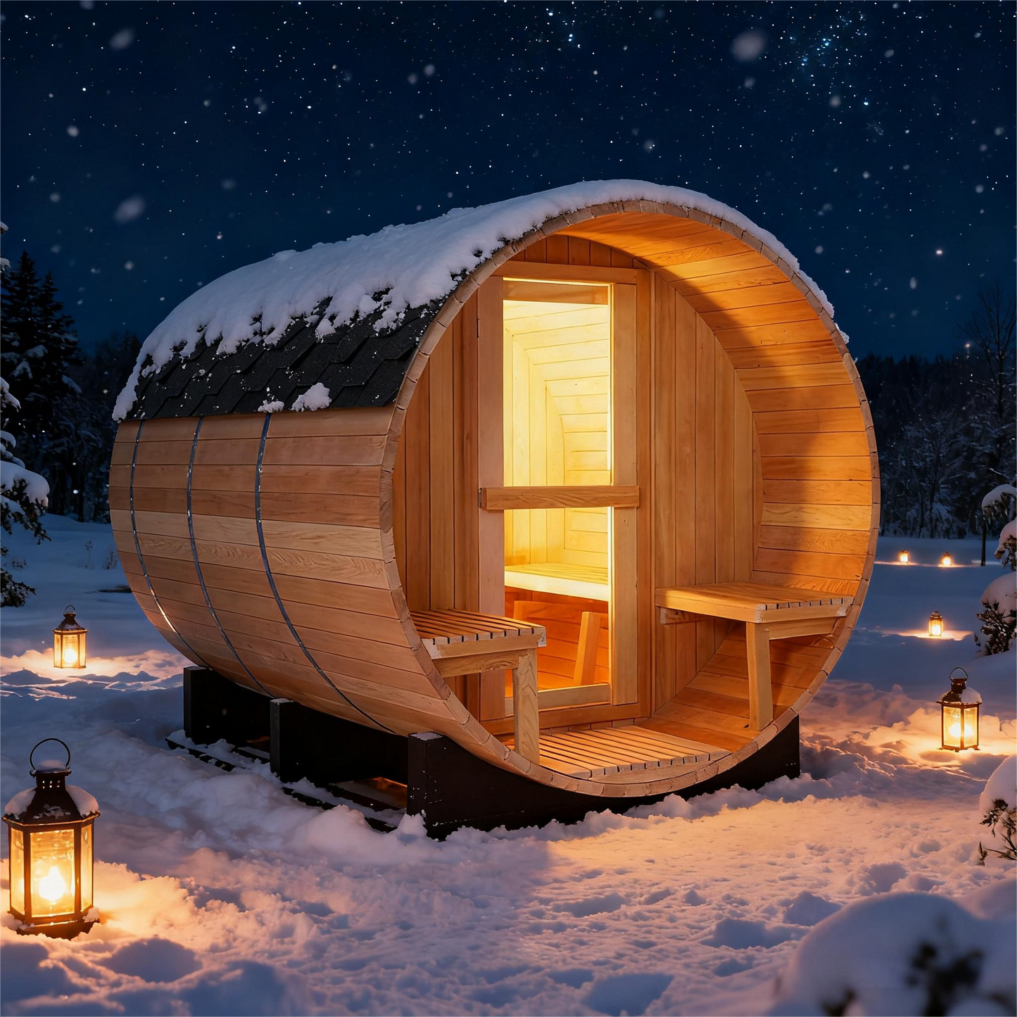 6 Person Outdoor Barrel Sauna with Front Porch, Canadian Hemlock Traditional Steam Barrel Sauna Kit with Outdoor Waterproof Tile, Lava Rocks and More