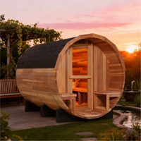 6 Person Indoor/Outdoor Barrel Sauna with Front Porch, Patchwork Red Cedar, 6000W ETL-Certified Heater