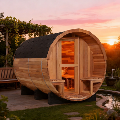 6 Person Indoor/Outdoor Barrel Sauna with Front Porch, Patchwork Red Cedar, 6000W ETL-Certified Heater