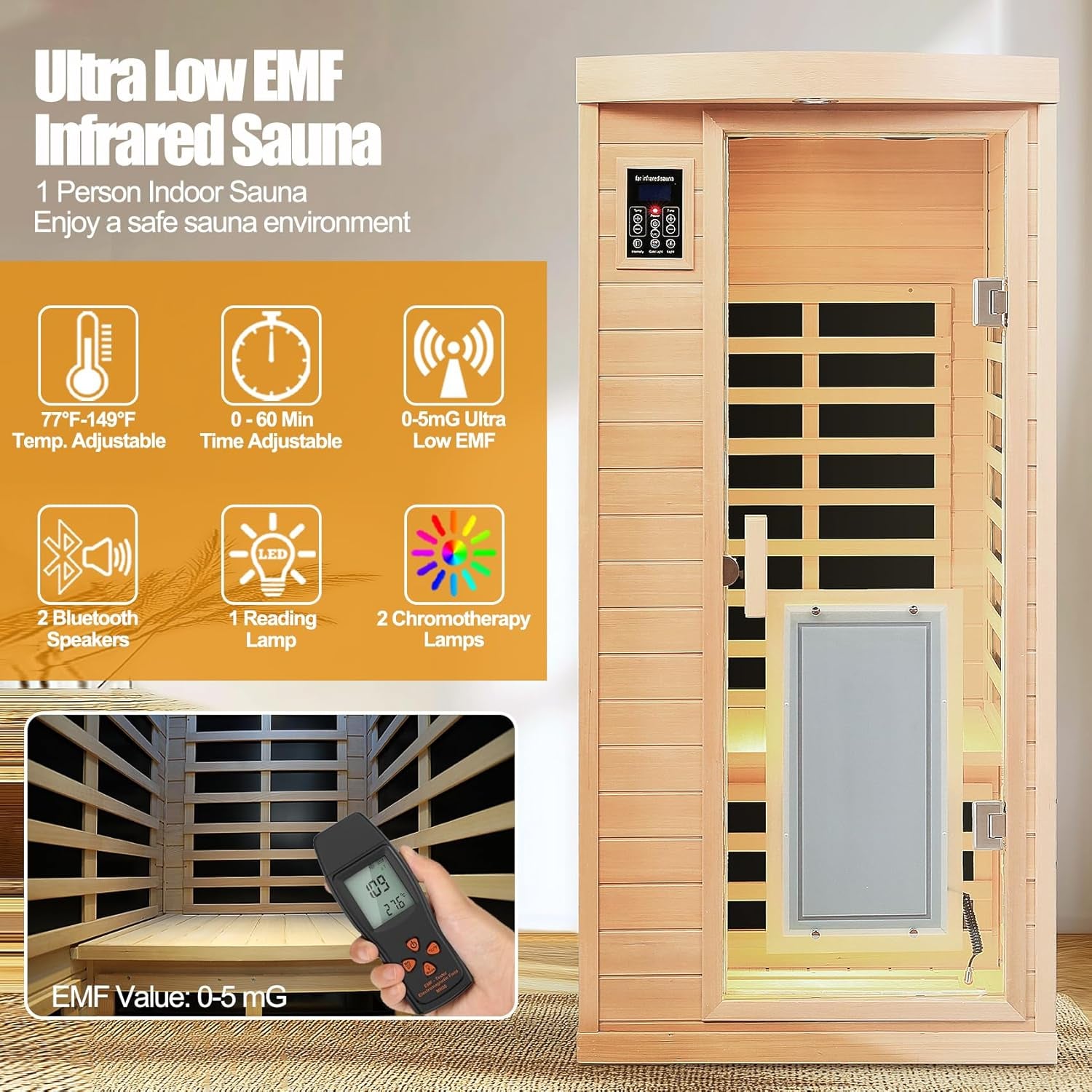 1-Person Far Infrared Sauna – Low EMF 1460W Indoor Home Spa with Dual Controls