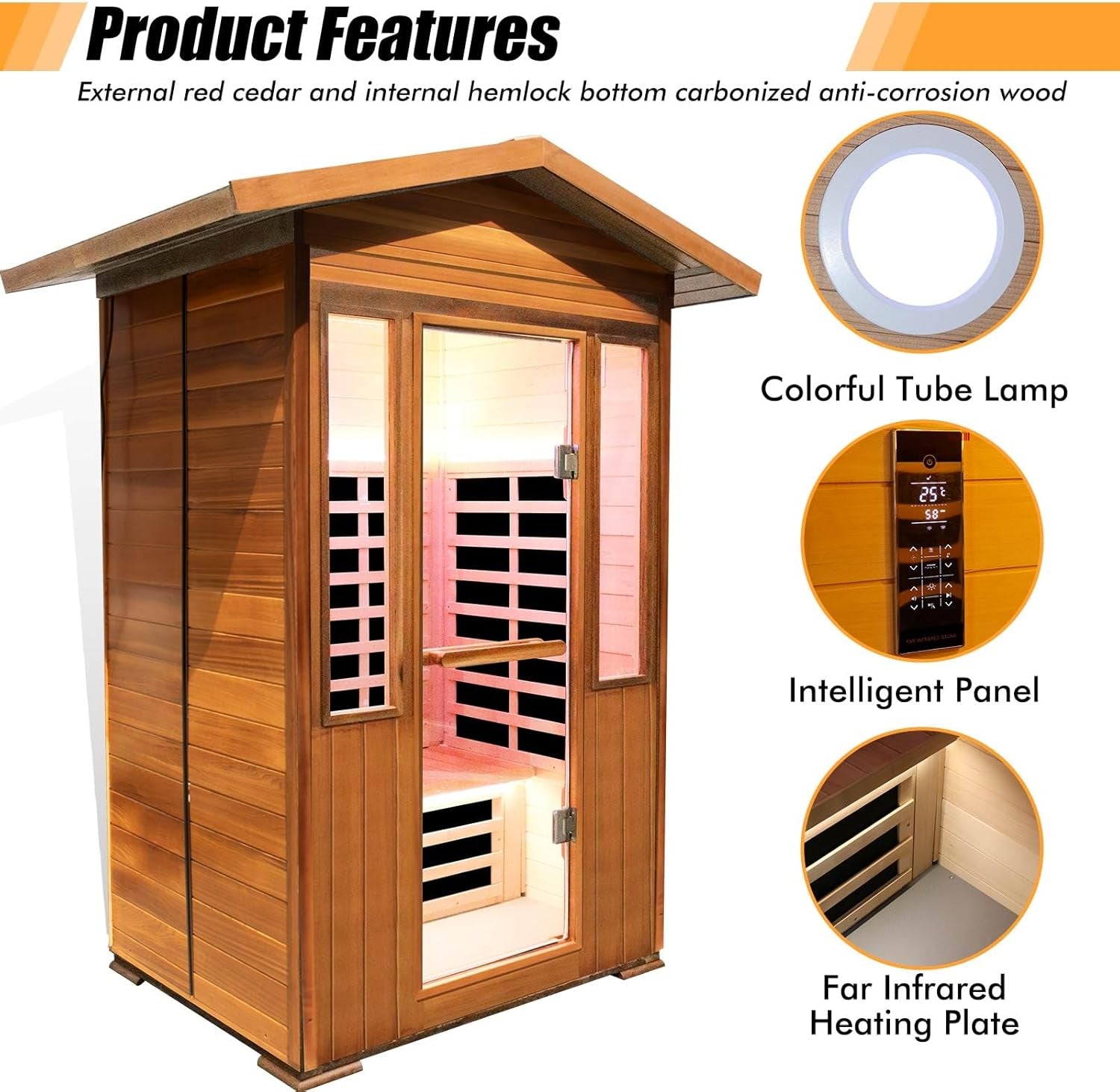 2 Person Outdoor Sauna Infrared Saunas Dry Sauna Room 120V Red Cedar and Canadian Hemlock Wood Wooden Sauna Spa 1800W APP Control 7 Color Light 48.8 * 37 * 87.4Inch