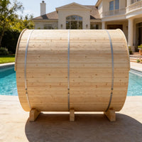 Helsinki 4-Person Outdoor Finnish Barrel Sauna with Terrace, Northern European Spruce, 8KW Spirit WiFi Heater