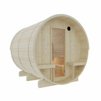 Helsinki 4-Person Outdoor Finnish Barrel Sauna with Terrace, Northern European Spruce, 8KW Spirit WiFi Heater