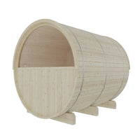 Helsinki 4-Person Outdoor Finnish Barrel Sauna with Terrace, Northern European Spruce, 8KW Spirit WiFi Heater