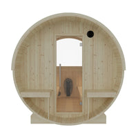 Helsinki 4-Person Outdoor Finnish Barrel Sauna with Terrace, Northern European Spruce, 8KW Spirit WiFi Heater