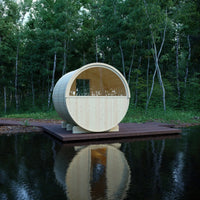Helsinki 4-Person Outdoor Finnish Barrel Sauna with Terrace, Northern European Spruce, 8KW Spirit WiFi Heater