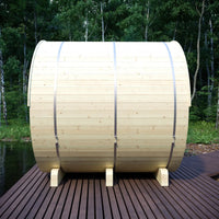 Helsinki 4-Person Outdoor Finnish Barrel Sauna with Terrace, Northern European Spruce, 8KW Spirit WiFi Heater