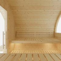 Helsinki 4-Person Outdoor Finnish Barrel Sauna with Terrace, Northern European Spruce, 8KW Spirit WiFi Heater