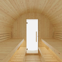 Helsinki 4-Person Outdoor Finnish Barrel Sauna with Terrace, Northern European Spruce, 8KW Spirit WiFi Heater