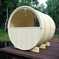 Helsinki 4-Person Outdoor Finnish Barrel Sauna with Terrace, Northern European Spruce, 8KW Spirit WiFi Heater