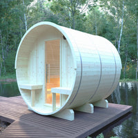 Helsinki 4-Person Outdoor Finnish Barrel Sauna with Terrace, Northern European Spruce, 8KW Spirit WiFi Heater