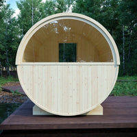 Helsinki 4-Person Outdoor Finnish Barrel Sauna with Terrace, Northern European Spruce, 8KW Spirit WiFi Heater