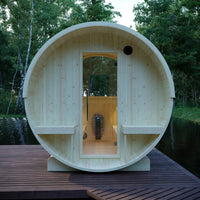 Helsinki 4-Person Outdoor Finnish Barrel Sauna with Terrace, Northern European Spruce, 8KW Spirit WiFi Heater