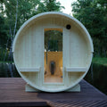 Helsinki 4-Person Outdoor Finnish Barrel Sauna with Terrace, Northern European Spruce, 8KW Spirit WiFi Heater