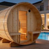 Helsinki 4-Person Outdoor Finnish Barrel Sauna with Terrace, Northern European Spruce, 8KW Spirit WiFi Heater