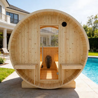 Helsinki 4-Person Outdoor Finnish Barrel Sauna with Terrace, Northern European Spruce, 8KW Spirit WiFi Heater