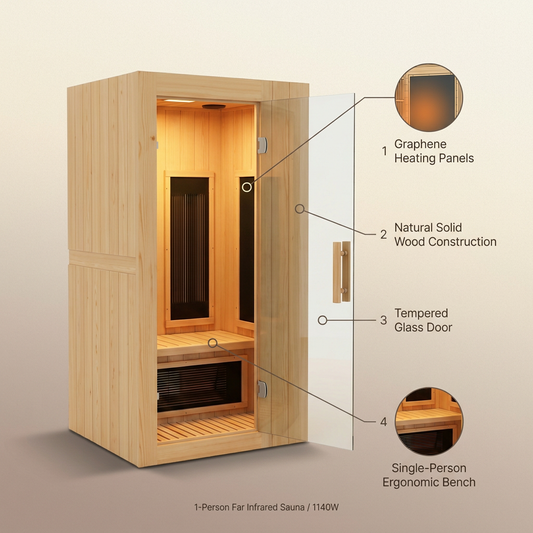 Home Infrared Sauna Designed for Daily Wellness, Graphene Heating Technology, 1-Person Capacity, 1140W Power — infographic