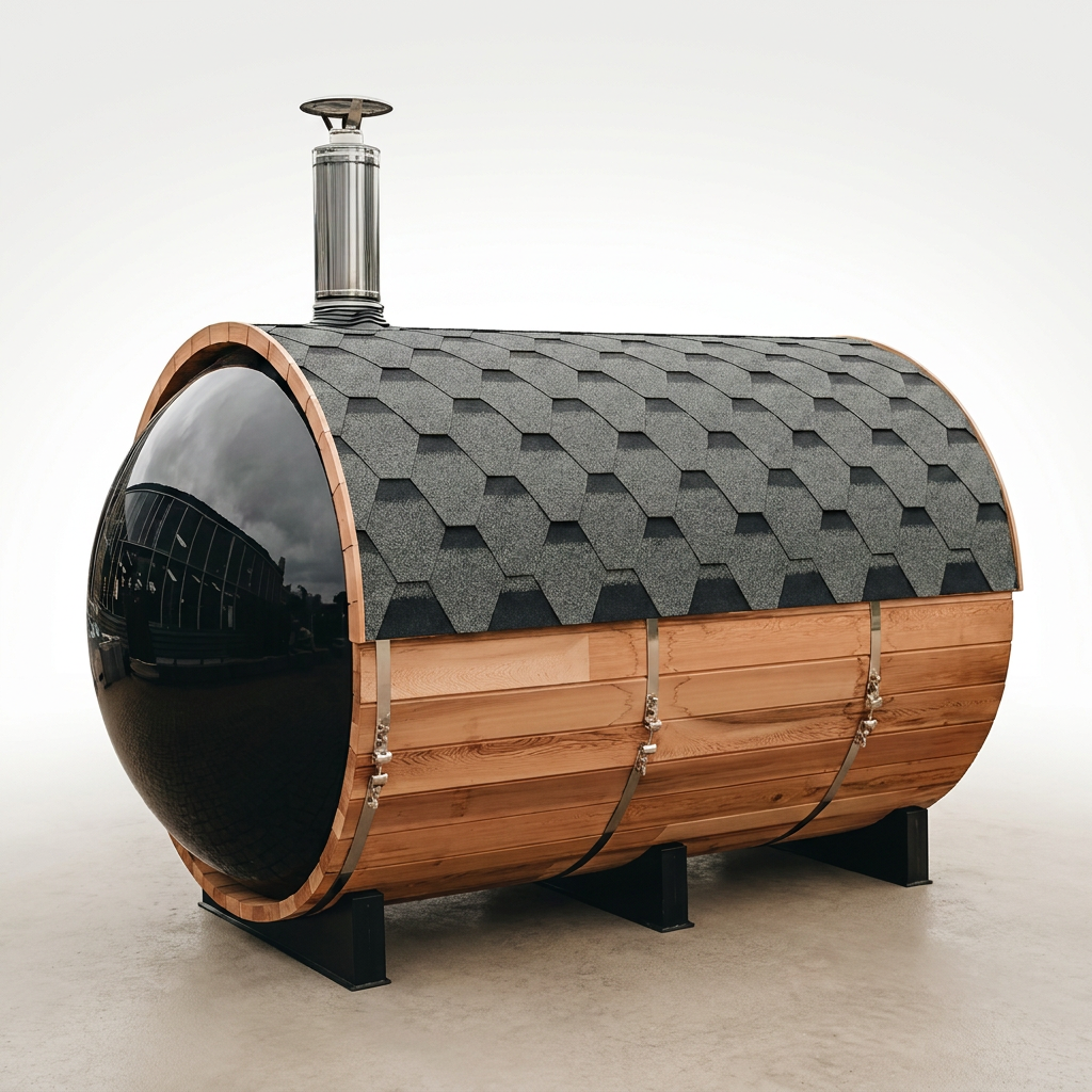 Outdoor Barrel Traditional Steam Cedar Wood Sauna with Wood Burning Stove — Studio Shot