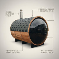 Outdoor Barrel Traditional Steam Cedar Wood Sauna with Wood Burning Stove — infographic