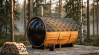 Outdoor Barrel Traditional Steam Cedar Wood Sauna with Wood Burning Stove — Lifestyle
