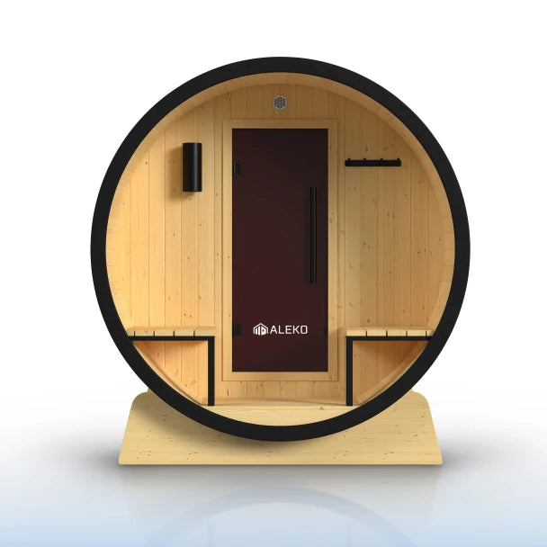 Celasia White Finland Pine Barrel Sauna with Front Porch Canopy - 2-4 Person