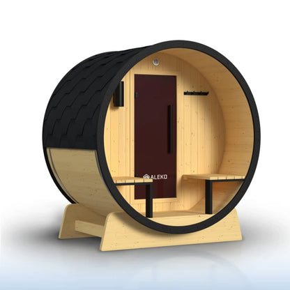 Celasia White Finland Pine Barrel Sauna with Front Porch Canopy - 2-4 Person