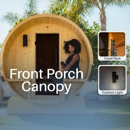 Anémona White Finland Pine Barrel Sauna with Front Porch Canopy - 2-4 Person