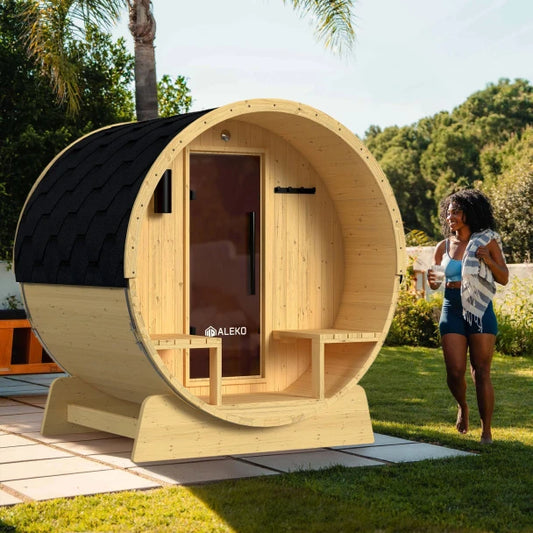 Anémona White Finland Pine Barrel Sauna with Front Porch Canopy - 2-4 Person