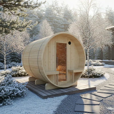Turku 6-Person Outdoor Finnish Barrel Sauna with Terrace, Northern European Spruce, 8KW Spirit WiFi Heater