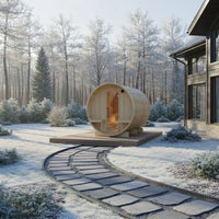 Turku 6-Person Outdoor Finnish Barrel Sauna with Terrace, Northern European Spruce, 8KW Spirit WiFi Heater