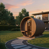 Turku 6-Person Outdoor Finnish Barrel Sauna with Terrace, Northern European Spruce, 8KW Spirit WiFi Heater