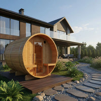 Turku 6-Person Outdoor Finnish Barrel Sauna with Terrace, Northern European Spruce, 8KW Spirit WiFi Heater